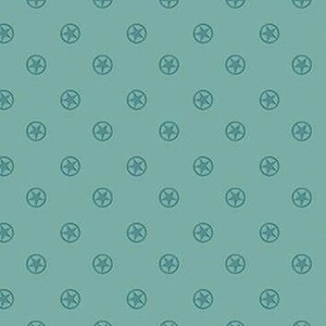 May include: A seamless pattern of teal blue stars in circles on a light teal blue background.