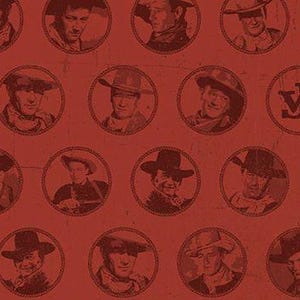 May include: Red fabric with a repeating pattern of circular portraits of cowboys. The portraits are in a darker shade of red, creating a textured, vintage look. The design includes the initials "JW".