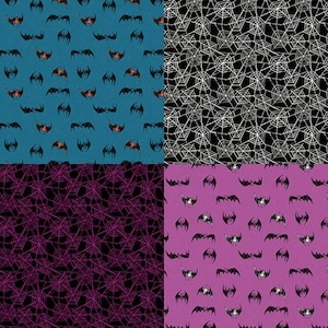 May include: Four different Halloween themed fabric patterns. The top left pattern is a teal blue background with black bats with red eyes. The top right pattern is a black background with white spiderwebs. The bottom left pattern is a black background with pink spiderwebs. The bottom right pattern is a pink background with black bats with red eyes.