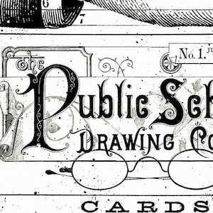 May include: Black and white illustration of a scroll with the text "The Public School Drawing Company Cards No. 1 Junior Series".