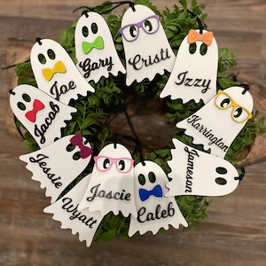 Halloween tags, ghost name tags, personalized name tags, wooden name tags, personalized tags, gift tags, name tags, farmhouse decor