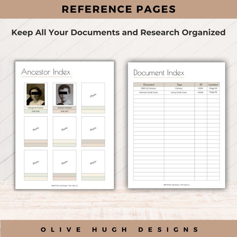 References genealogy forms include ancestor index and document index template pages.