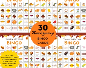 May include: Thanksgiving Bingo cards with festive illustrations. The cards feature images of fall-themed items like pumpkins, cornucopias, and turkeys. The image includes 30 bingo cards and text that says "Thanksgiving Bingo" and "30 Thanksgiving Bingo Cards".