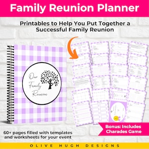 Family Reunion Planner PDF in Lilac • Printable and Fillable Worksheets • Checklists • Trackers • Bonus Charades Game Included Templates A1