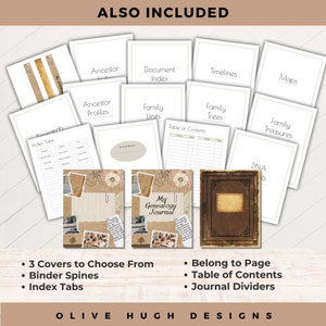 Also included in the genealogy journal templates is binder cover, index tabs, binder spines, belong to page, table of contents, and journal dividers.