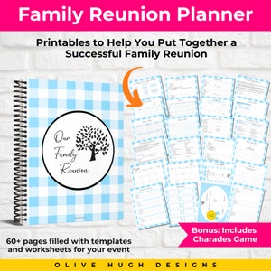 Family Reunion Planner PDF in Blue • Printable and Fillable Worksheets • Checklists • Trackers • Bonus Charades Game Included Templates A1