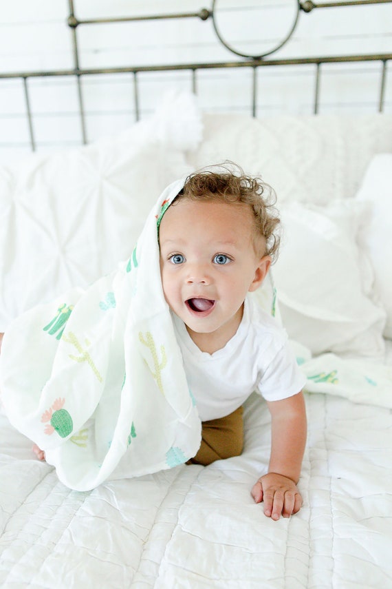 Luxury Swaddle Blanket Unisex Cactus Flower Print Soft Bamboo Cotton Blend Muslin Swaddle Desert Cactus Etsy Canada