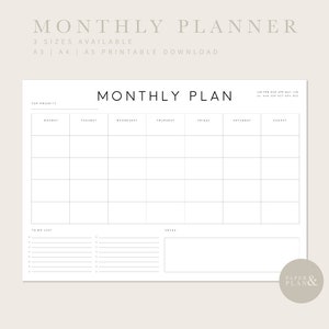 Monthly Planner Printable Landscape | Monthly Agenda | Monday & Sunday Start | Minimalist Planner Template PDF | Instant Download | A3/A4/A5