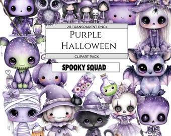 Spooky Squad - Adorabile clipart viola di Halloween - Confezione da 20 - Sfondo trasparente - PNG - Uso commerciale