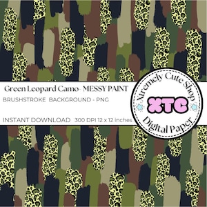 May include: A digital paper design featuring a green leopard camouflage pattern with messy paint brushstrokes. The design includes text that reads "Green Leopard Camo - Messy Paint" and "Brushstroke Background - PNG". The design is 12 x 12 inches.