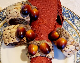 Set of 4 Thanksgiving and Fall Napkin Rings, Acorns on a Woven Ring