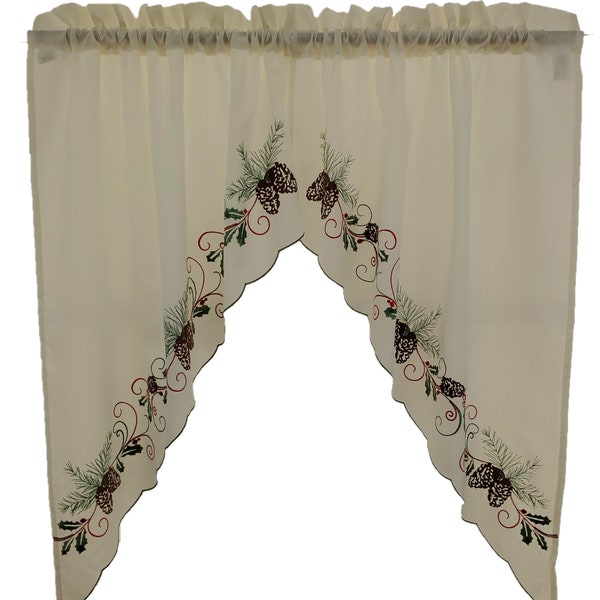 Festive Pine and Holly Embroidered Swag Pair 58Wx38L