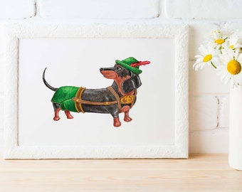 German Dachshund Art Print: Wiener Dog in Clothes (5x7), weiner dog gift