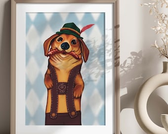 Funny Dachshund Lederhosen Print 5x7, Wiener Dog Eating Sausage, Oktoberfest Doxie Wall Art Gift