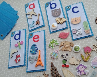 Montessori ABC Flash Cards with Wooden Trinkets, Alphabet Learning