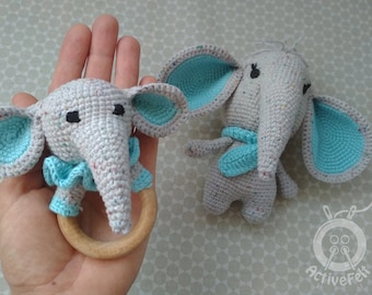 Gehäkelte Elefant Rassel mit Holzring, Amigurumi Baby Beißring, neue Mutter Geschenk