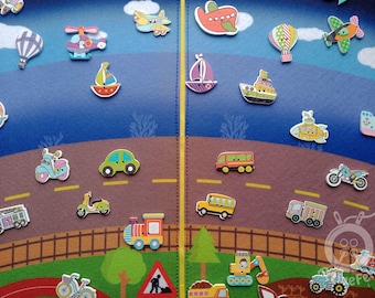 Montessori Land Air Water Sorting Game: 34 Wooden Vehicles, Felt Mat