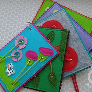 5 tarjetas de fieltro para coser, minilibro silencioso para niños pequeños, actividades de motricidad fina Montessori para niños pequeños, tarjetas de fieltro para coser, actividad de viaje de motricidad fina