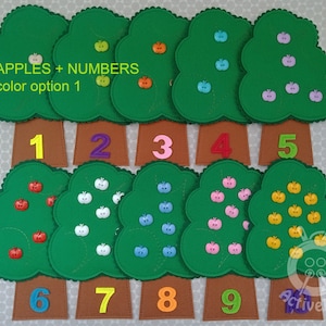 ten felt apple trees with numbers 1-10 for preschool classroom