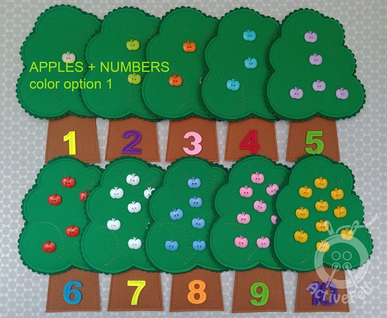 ten felt apple trees with numbers 1-10 for preschool classroom