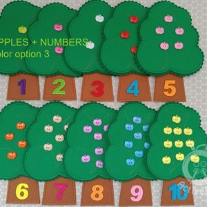 kids felt apple activity with numbers 1-10. Learn count to 10 matching game