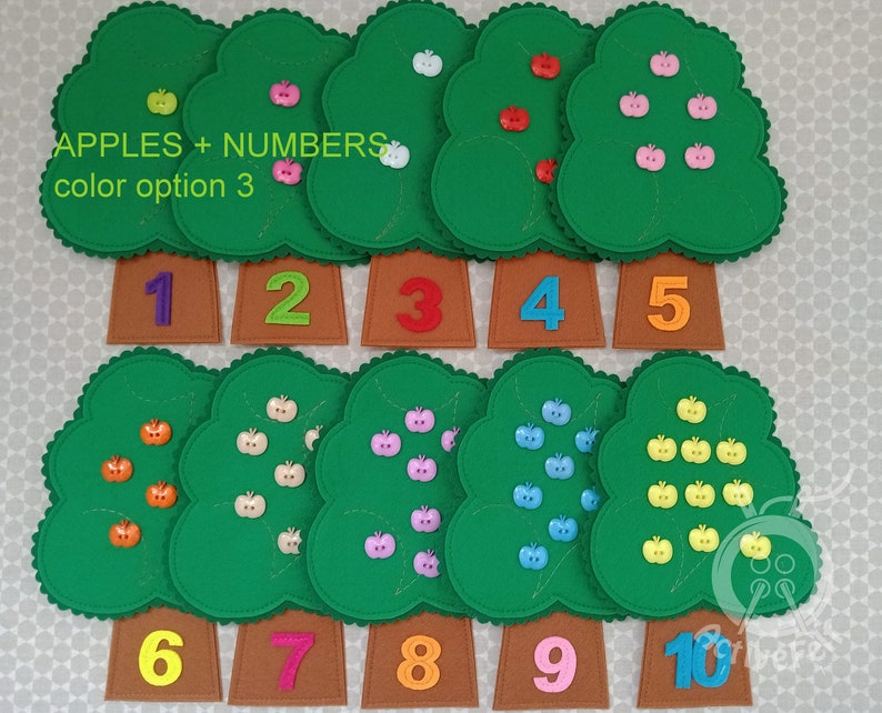 kids felt apple activity with numbers 1-10. Learn count to 10 matching game