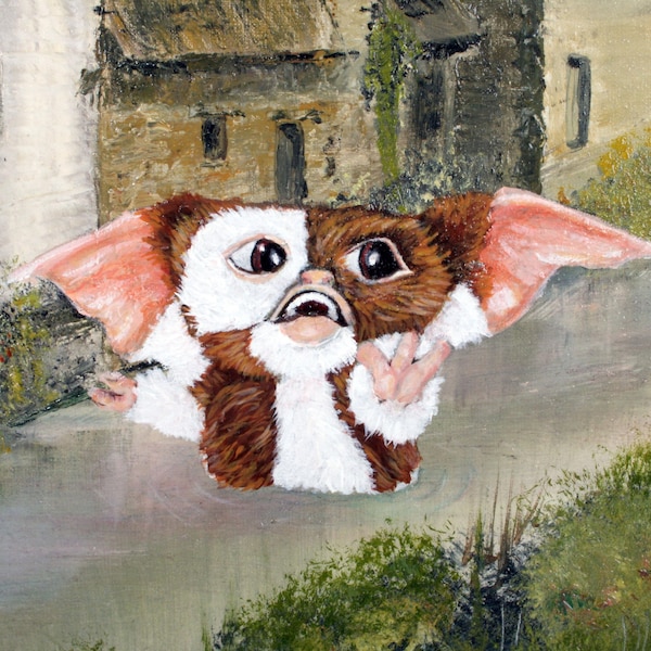 Gizmo original Secondhand-Laden Gemälde, 40 x 50 cm, große handgemalte Landschaft, modifizierte upcycled Second Hand Kunst, Gremlins, Mogwai 80er Jahre