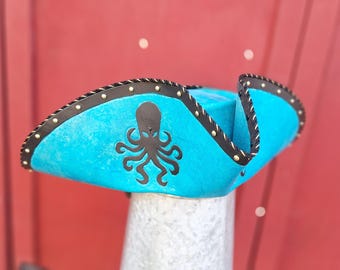 Mermaid Blue and Black Mosaic Pattern Leather Hat Mermaid Mosaic (Brown Hair, Blue Tail) | The C Glass Studio main image 3