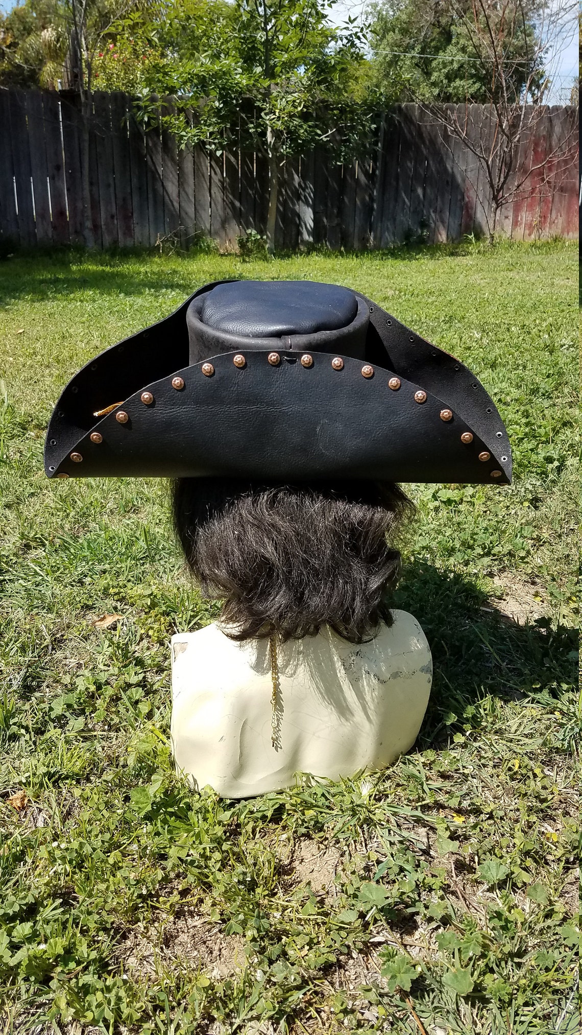 Small black leather tri corner pirate hat | Etsy