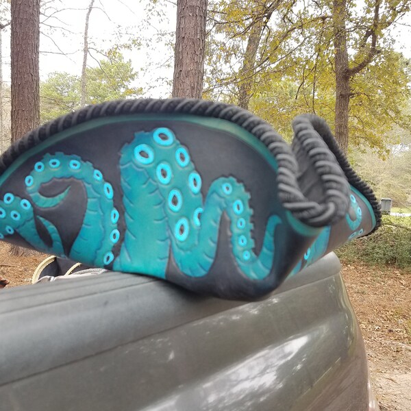 Turquoise leather kraken tri corner pirate hat