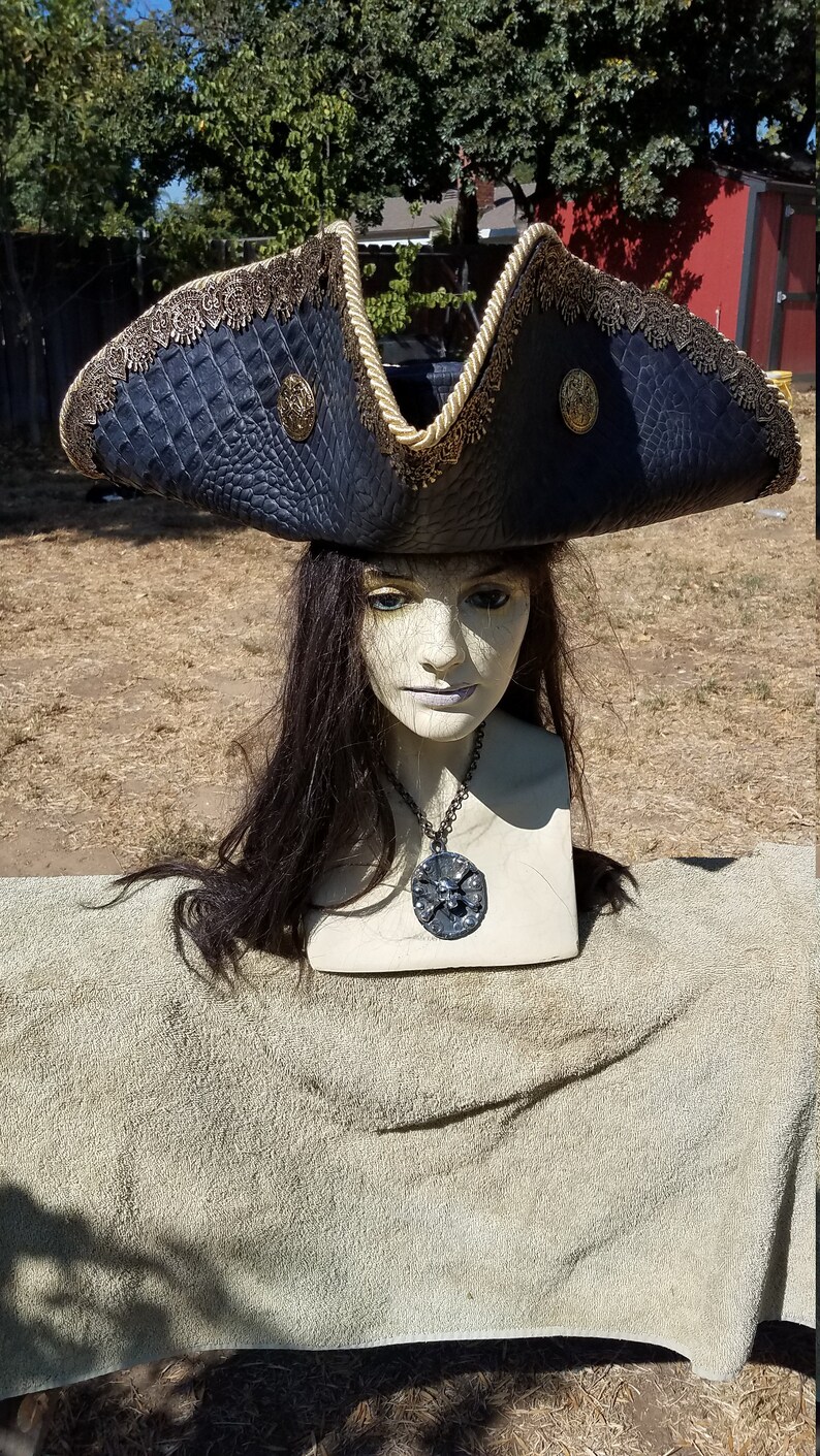 Black leather tri corner pirate hat