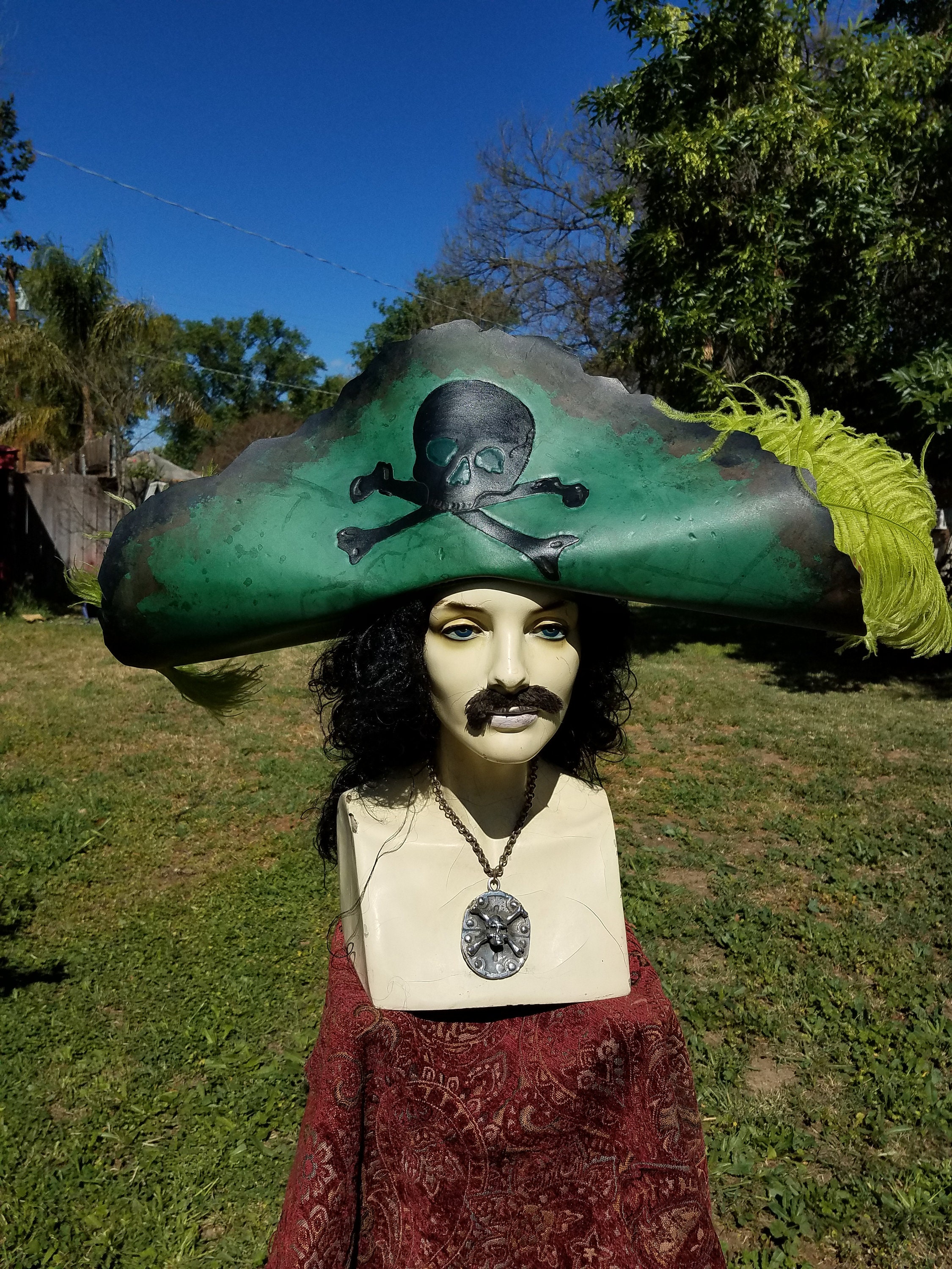 Green Leather Tooled Skull Pirate Hat 