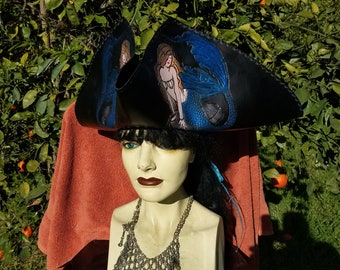 Tooled mermaid tri corner leather pirate hat
