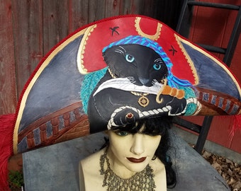 Handtooled leather cat pirate hat