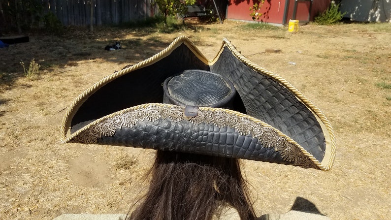 Black leather tri corner pirate hat