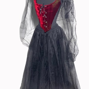 3stk Gothic Schwarzer langer Netz-Schichtrock & Vivian-Stil üppiger Samtstich in Knochenkorsett und Schleier