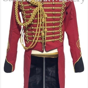3pcs Hussar Red/black Tail coat with Aiguillette & Eppaulates  in chest to fit size 32”,34” 36” ,38” 40” ,42”,44”,46”