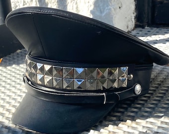 Industrial Black leatheret hat with metal pyramid spikes in 57,58,59cm