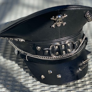 Industrial punk Black leatheret hat with chains and metals with spikes image 3