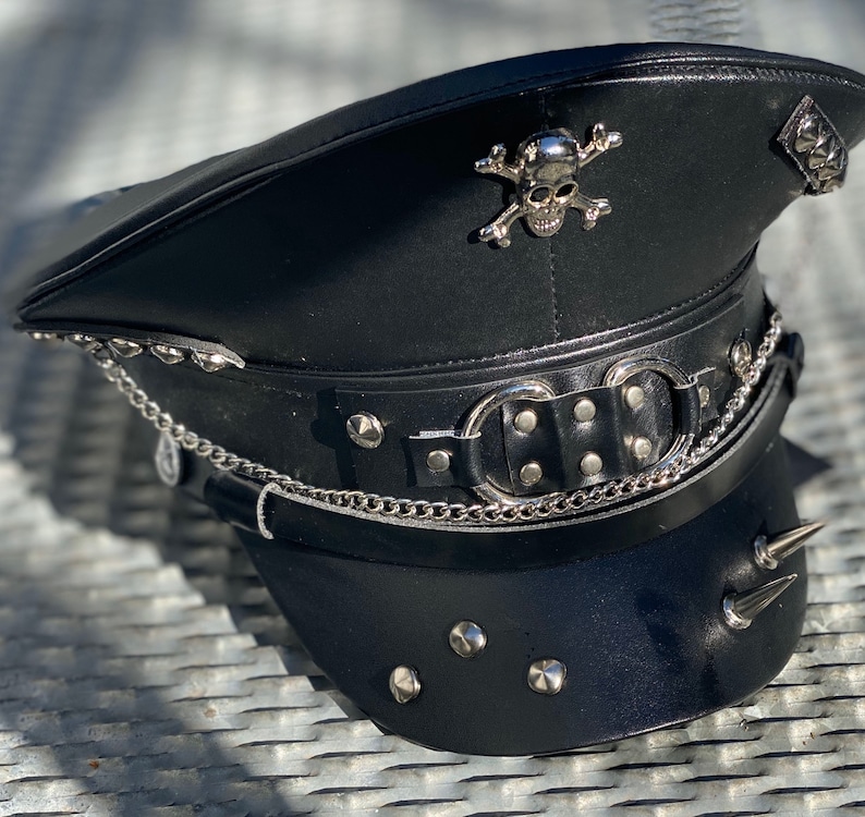 Industrial punk Black leatheret hat with chains and metals with spikes image 3