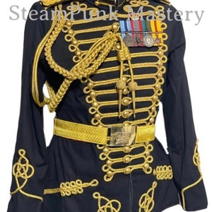Army 6pcs Black Officers Gold Braiding Hussar Jacket,shoulder accessories belt,medals,hand embroidery badge to fit chest38”,40”,42”,44”,46”
