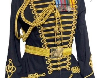 Army 6pcs Black Officers Gold Braiding Hussar Jacket,shoulder accessories belt,medals,hand embroidery badge to fit chest38”,40”,42”,44”,46”