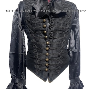 Gothic black ruffle shirt outfit with front braids waistcoat & Self tie cravat  4 Sizes to fit chest 40&quot;,42&quot;,44&quot;,46&quot;