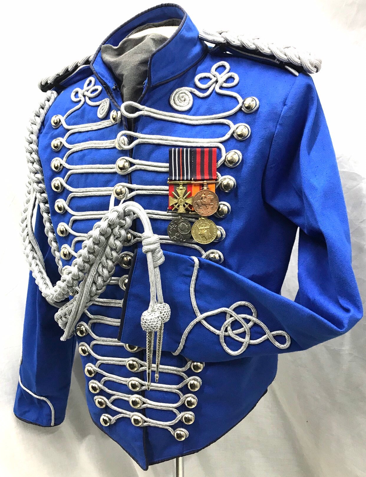 Image of Men's Military 5 Pcs Hussar Officer Jacket in Royal Blue With Silver Ropes Medals, Aiguillette, Epaulettes & Cravat Available To Fit 42"44"46