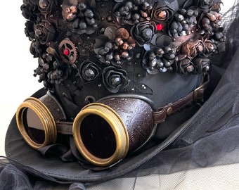 Steampunk black top hat Jewel cogs and gear embossing goggles with 3D roses in 57cm