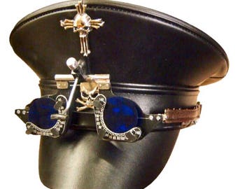 Steampunk black leather look Military hat with blue lens goggles in 57,58cm and 59cm