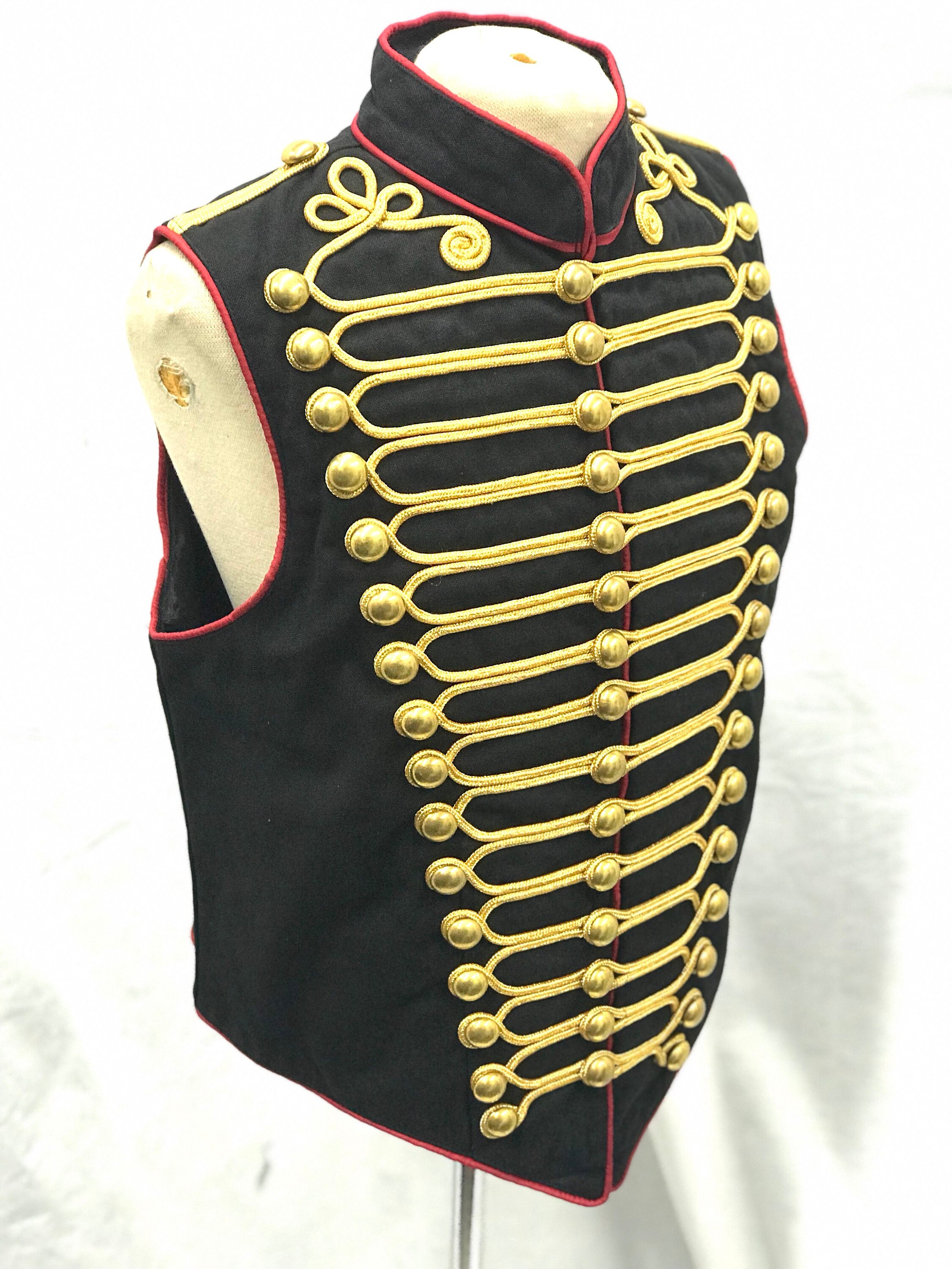Image of steampunk Men's Military Army Black Red With Gold Braiding Hussar Waistcoat Brass Buttons To Fit Chest Size 42", 44"46"