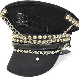 Industrial punk, Gothic cotton Military hat with black skull,studs and chains in 57,58,59cm