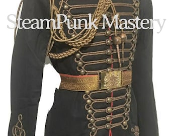 Steampunk  Army Officers Antique Braiding Hussar Jacket with antique look shoulder  accessories and belt