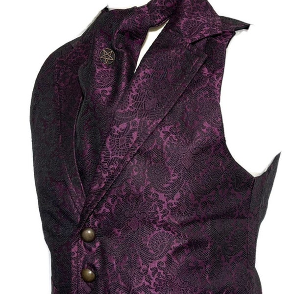 4 Stk. Waistcoat Outfit Lila/Schwarz Brokat Weste,Passende Maske Selbstkrawatte Cravat und Silber Tiepin in 3 Größen passen Brust 38",40",42"